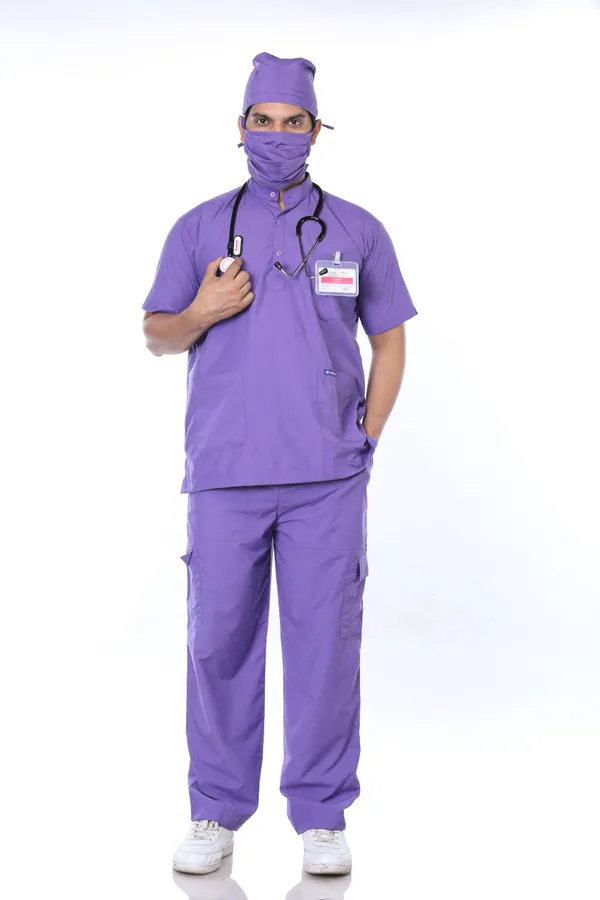 Lavender_9_Pocket_Mandarin_Collar_Scrub_With_Cap_&_Mask_For_Men
