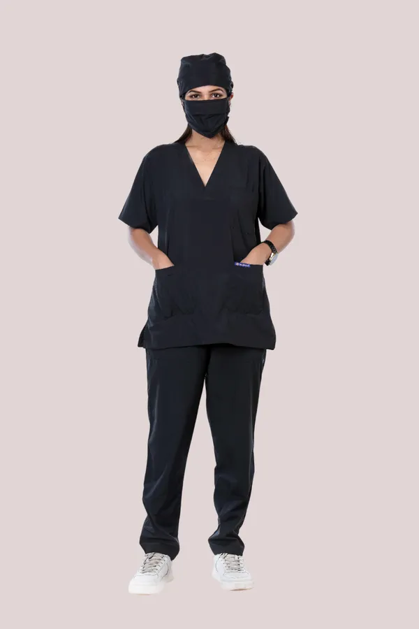 Black_5_Pocket_V_Neck_Scrub_With_Cap_&_Mask_For_Women