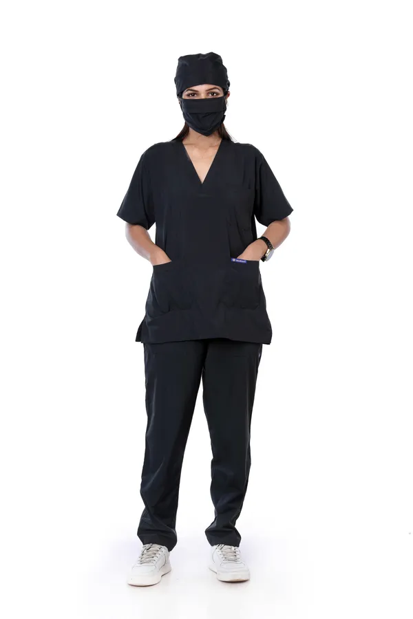 Black_5_Pocket_V_Neck_Scrub_With_Cap_&_Mask_For_Women