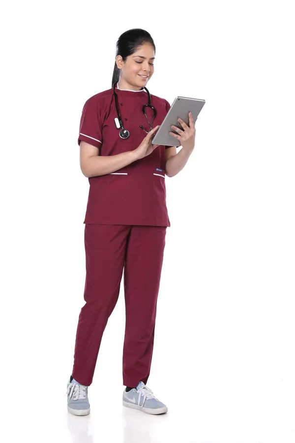 Maroon_7_Pocket_Biofit_Collar_Scrub_With_Cap_&_Mask_For_Women
