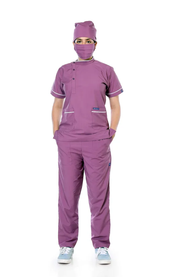 Misty_Pink_7_Pocket_Biofit_Collar_Scrub_With_Cap_&_Mask_For_Women