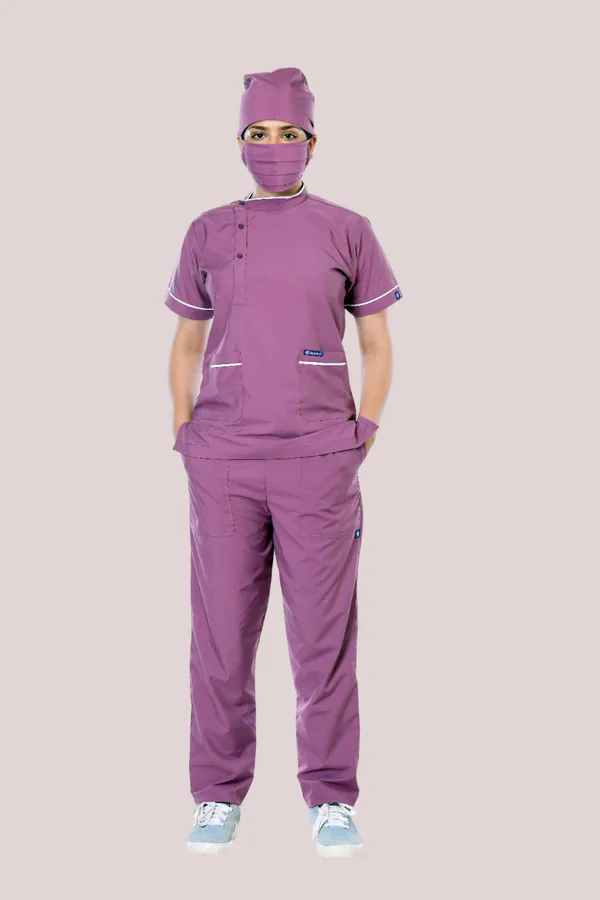 Misty_Pink_7_Pocket_Biofit_Collar_Scrub_With_Cap_&_Mask_For_Women