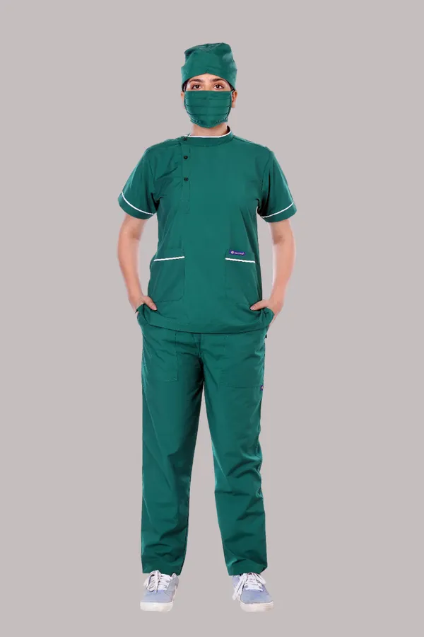 Green_5_Pocket_Biofit_Collar_Scrub_With_Cap_&_Mask_For_Women