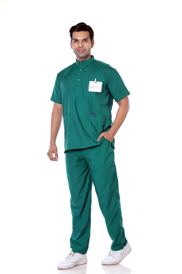 Green_5_Pocket_Mandarin_Collar_Scrub_With_Cap_&_Mask_For_Men