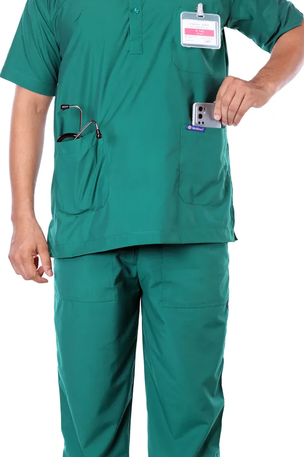 Green_5_Pocket_Mandarin_Collar_Scrub_With_Cap_&_Mask_For_Men