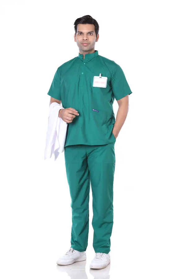 Green_5_Pocket_Mandarin_Collar_Scrub_With_Cap_&_Mask_For_Men