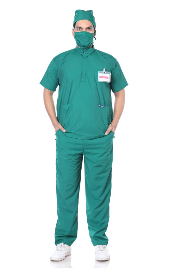 Green_5_Pocket_Mandarin_Collar_Scrub_With_Cap_&_Mask_For_Men