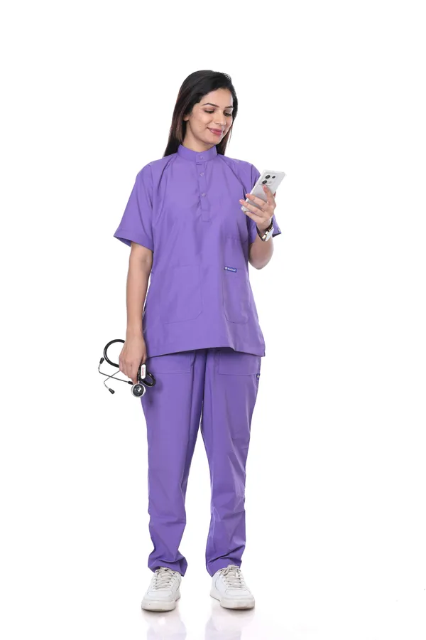 Lavender_7_Pocket_Mandarin_Collar_Scrub_With_Cap_&_Mask_For_Women