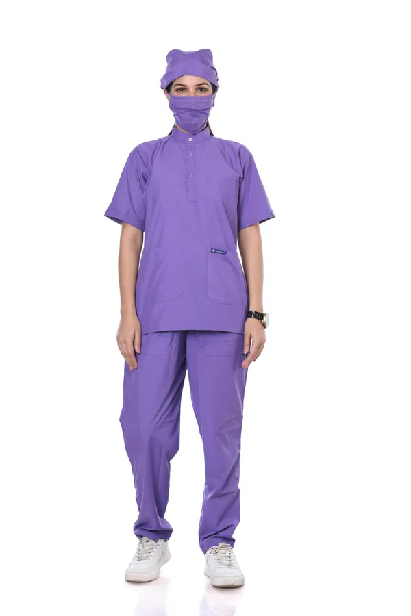 Lavender_7_Pocket_Mandarin_Collar_Scrub_With_Cap_&_Mask_For_Women