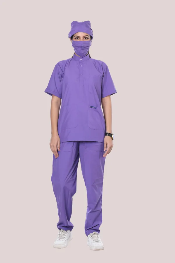 Lavender_7_Pocket_Mandarin_Collar_Scrub_With_Cap_&_Mask_For_Women