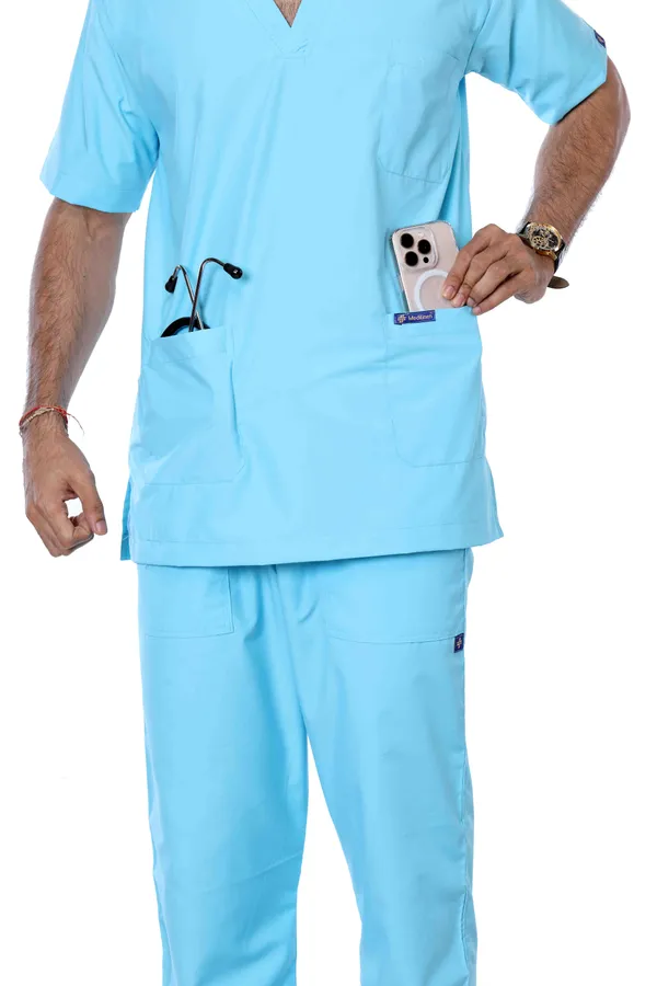 Pastel_Blue_5_Pocket_V_Neck_Scrub_With_Cap_&_Mask_For_Men