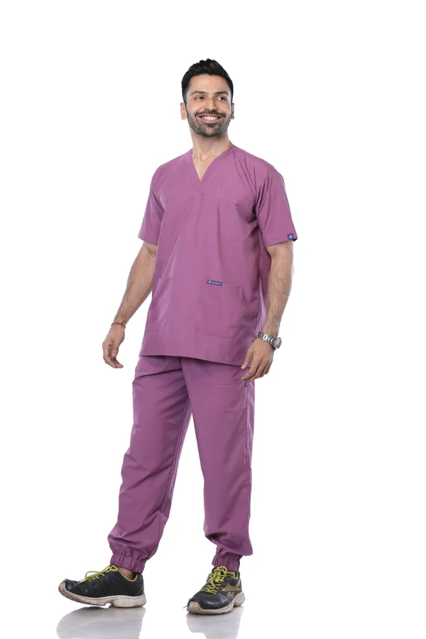 Misty_Pink_7_Pocket_Mandarin_Collar_Scrub_With_Cap_&_Mask_For_Men