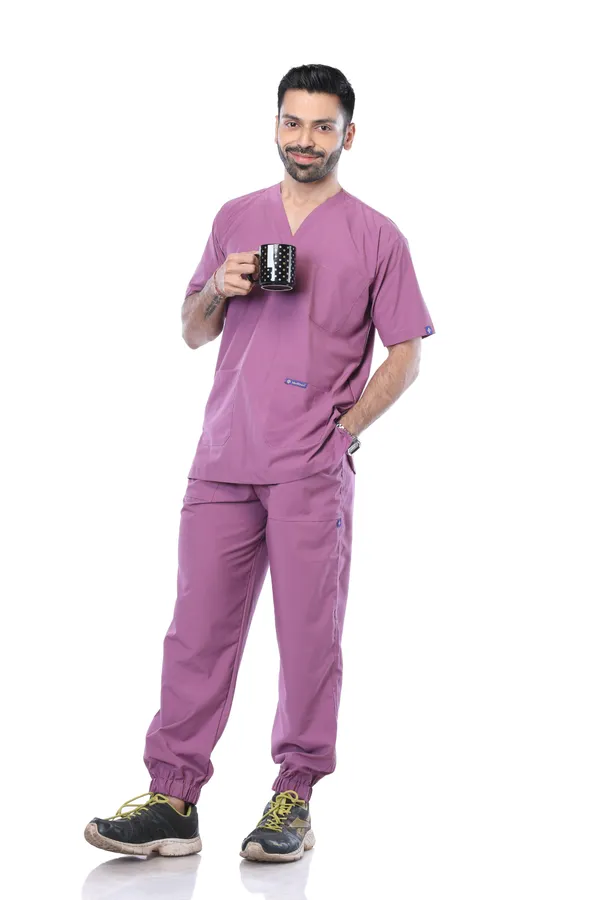 Misty_Pink_7_Pocket_Mandarin_Collar_Scrub_With_Cap_&_Mask_For_Men