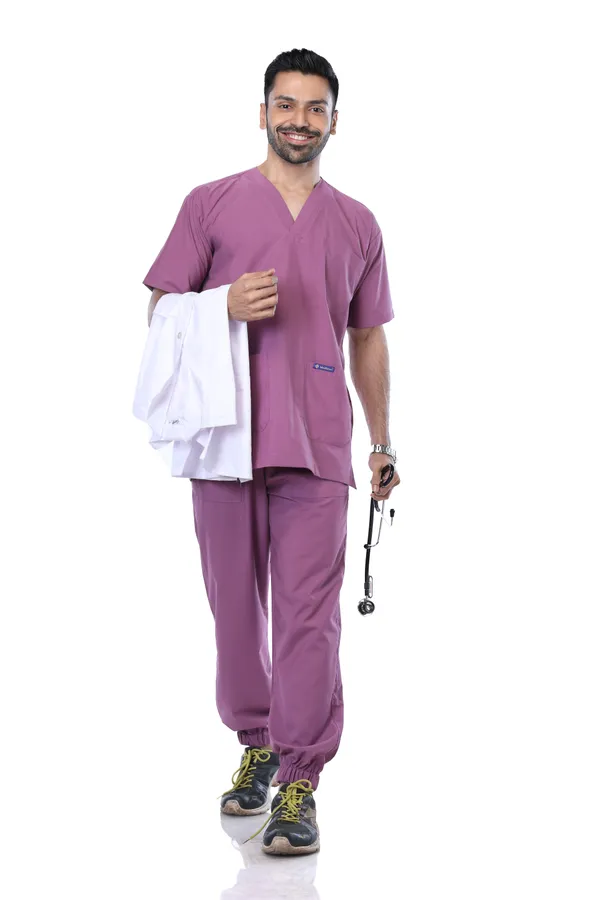 Misty_Pink_7_Pocket_Mandarin_Collar_Scrub_With_Cap_&_Mask_For_Men