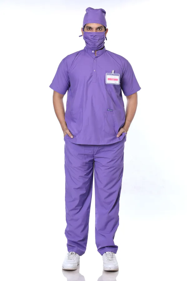 Lavender_5_Pocket_Mandarin_Collar_Scrub_With_Cap_&_Mask_For_Men