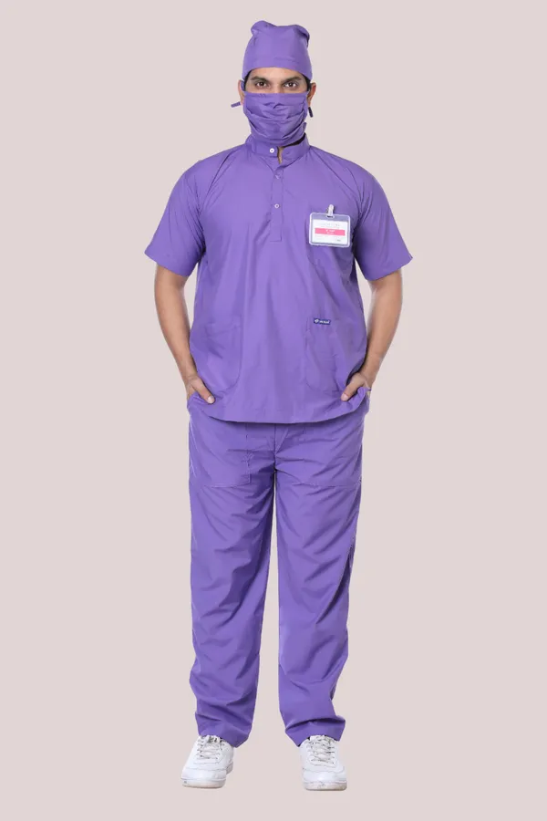 Lavender_5_Pocket_Mandarin_Collar_Scrub_With_Cap_&_Mask_For_Men
