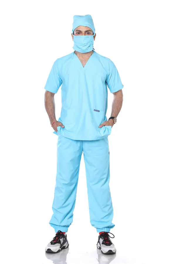 Pastel_Blue_7_Pocket_V_Neck_Scrub_With_Cap_&_Mask_For_Men