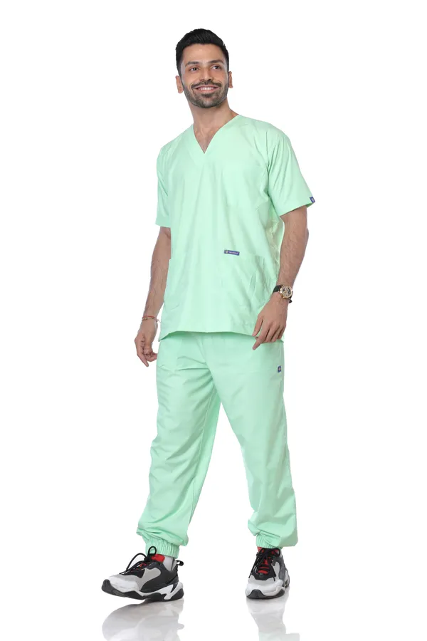 Pastel_Green_7_Pocket_Mandarin_Collar_Scrub_With_Cap_&_Mask_For_Men