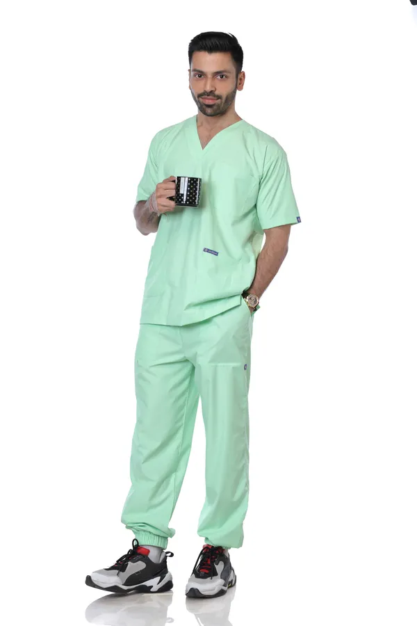 Pastel_Green_7_Pocket_Mandarin_Collar_Scrub_With_Cap_&_Mask_For_Men