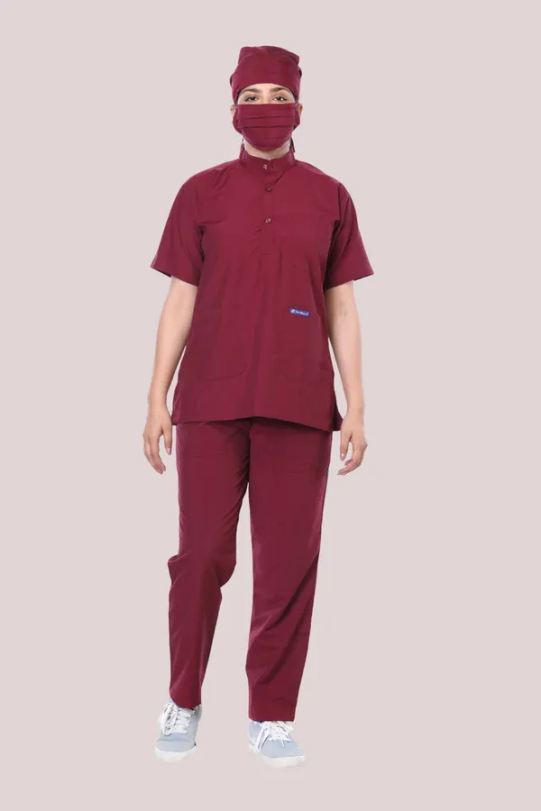 Maroon_7_Pocket_Mandarin_Collar_Scrub_With_Cap_&_Mask_For_Women