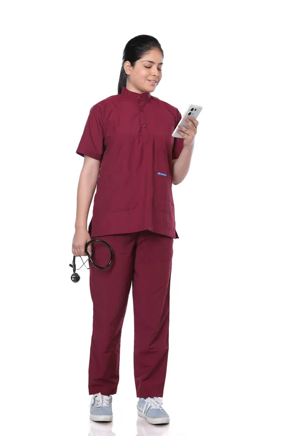 Maroon_7_Pocket_Mandarin_Collar_Scrub_With_Cap_&_Mask_For_Women