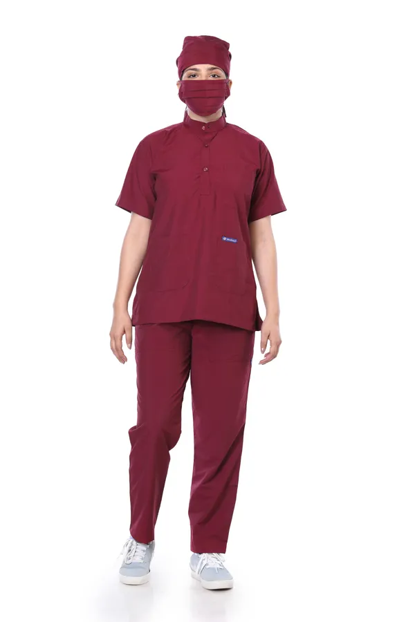 Maroon_7_Pocket_Mandarin_Collar_Scrub_With_Cap_&_Mask_For_Women