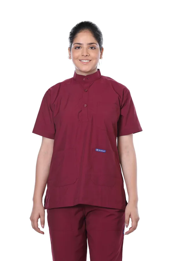 Maroon_7_Pocket_Mandarin_Collar_Scrub_With_Cap_&_Mask_For_Women