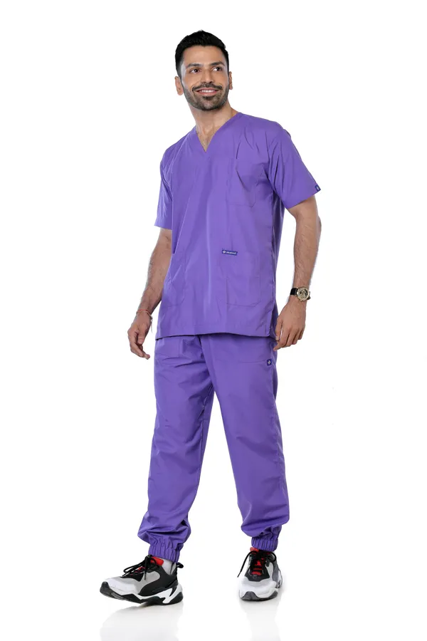 Lavender_7_Pocket_V_Neck_Scrub_With_Cap_&_Mask_For_Men