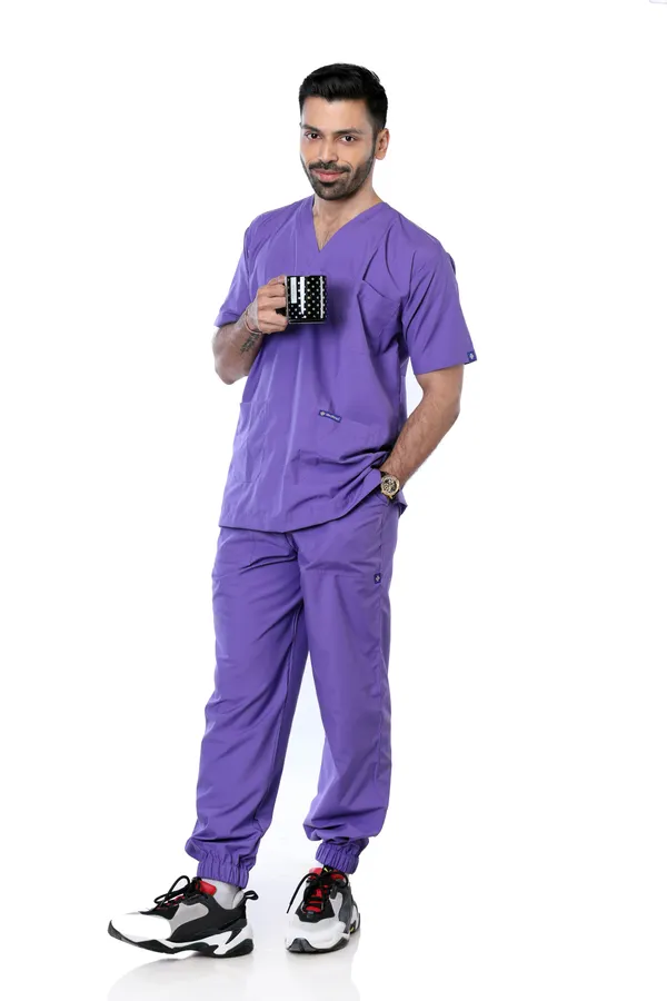 Lavender_7_Pocket_V_Neck_Scrub_With_Cap_&_Mask_For_Men