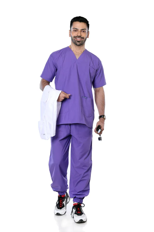 Lavender_7_Pocket_V_Neck_Scrub_With_Cap_&_Mask_For_Men