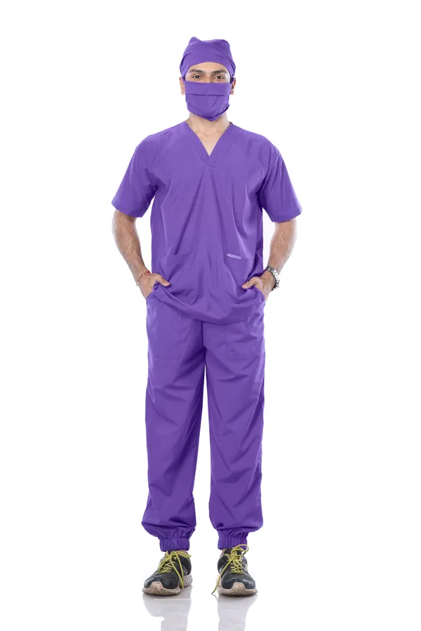Lavender_7_Pocket_V_Neck_Scrub_With_Cap_&_Mask_For_Men