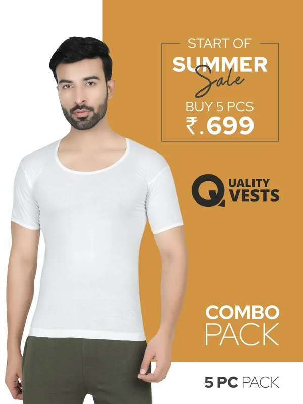 Digsel_Men_100%_Cotton_White_Half_Sleeve_Vest_Pack_Of_5