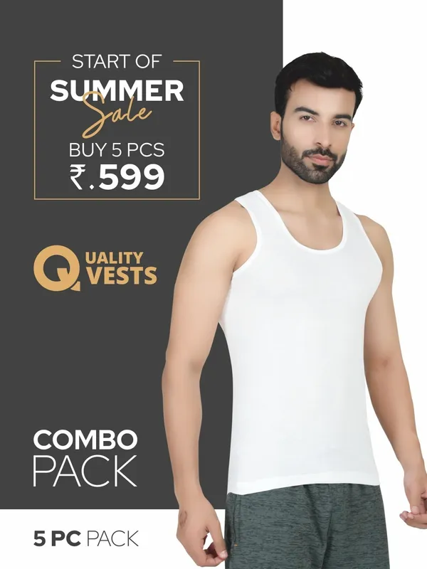 Digsel_Men_Cotton_White_Vest_Pack_Of_5
