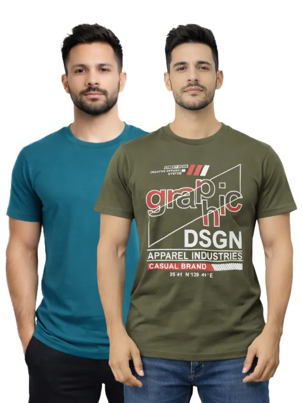 Digsel_Men_Regular_Fit_Casual_Plain_&_Printed_T_-Shirt_Combo_Pack_Of_2_Petrol_&_Green
