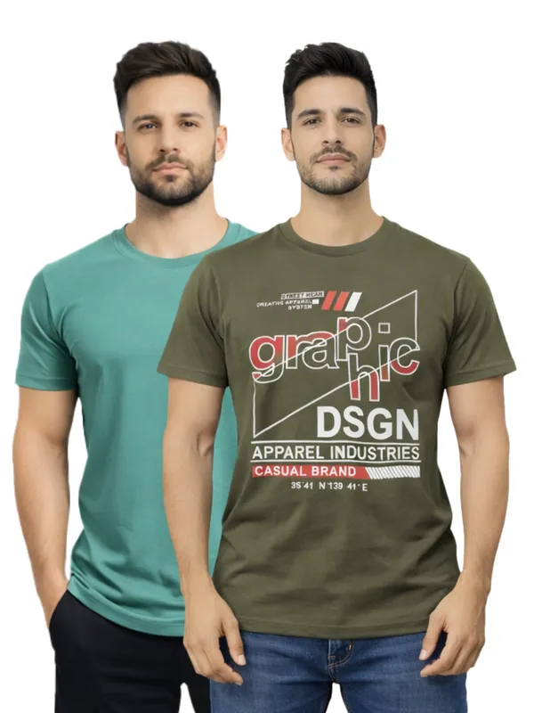 Digsel_Men_Regular_Fit_Casual_Plain_&_Printed_T_-Shirt_Combo_Pack_Of_2_Parrot_Green_&_Green