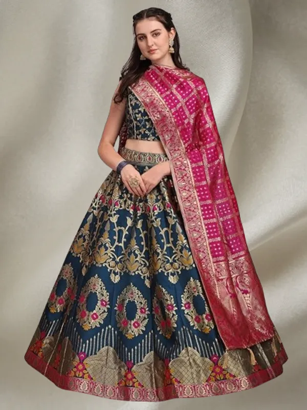 Blue_Dola_Silk_Patola_Print_With_Foil_Work_Lehenga,_Choli_&_Dupatta_For_Women