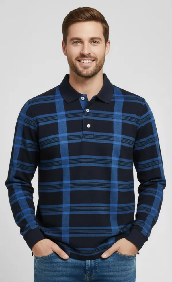 Navy_Blue_Polo_Collar_Full_Sleeve_Cotton-Polyester_Blend_T-Shirt_For_Men