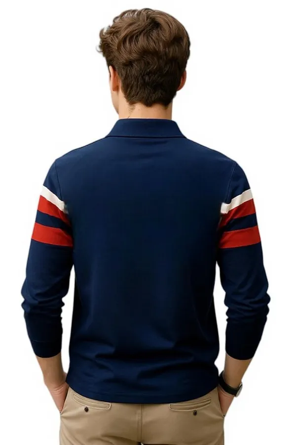 Navy_Polo_Collar_Full_Sleeve_Cotton-Polyester_Blend_T-Shirt_For_Men