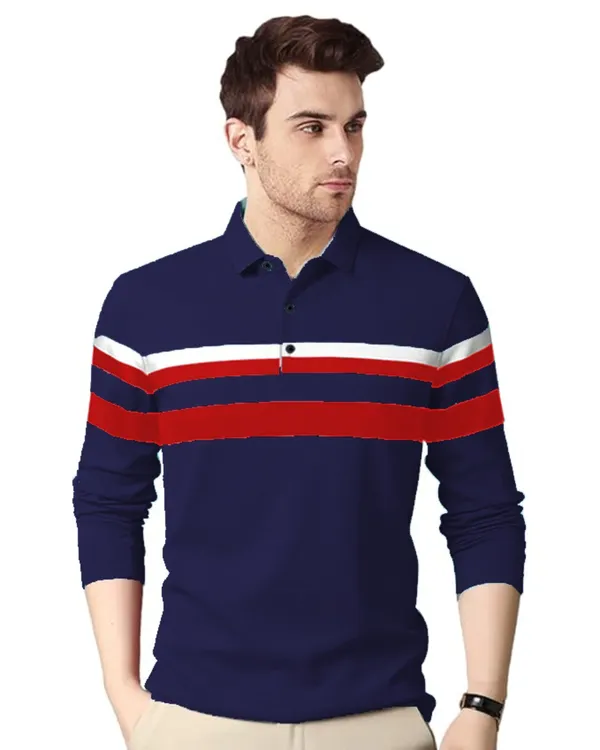 Navy_Polo_Collar_Full_Sleeve_Cotton-Polyester_Blend_T-Shirt_For_Men