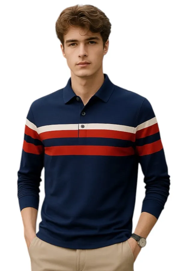 Navy_Polo_Collar_Full_Sleeve_Cotton-Polyester_Blend_T-Shirt_For_Men