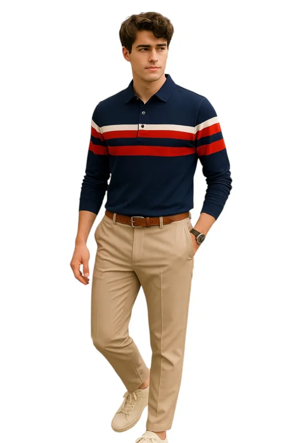 Navy_Polo_Collar_Full_Sleeve_Cotton-Polyester_Blend_T-Shirt_For_Men