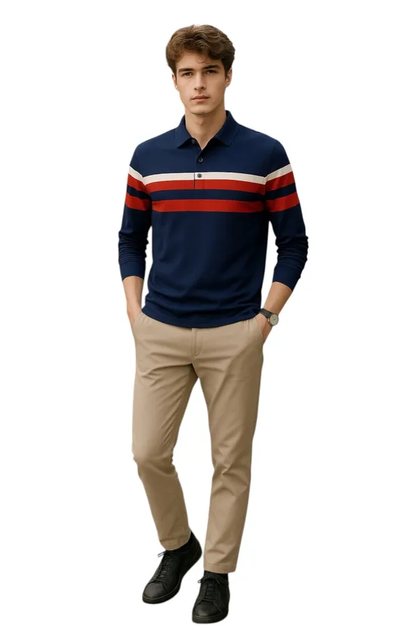 Navy_Polo_Collar_Full_Sleeve_Cotton-Polyester_Blend_T-Shirt_For_Men