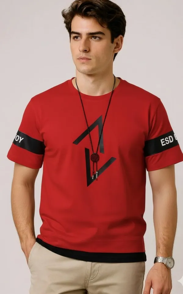 Red_Printed_Round_Neck_Loose_Fit_Cotton-Polyester_Blend_T-Shirt_For_Men
