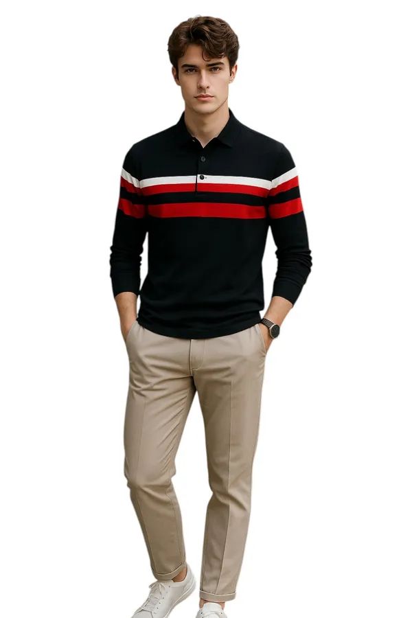 Black_Polo_Collar_Full_Sleeve_Cotton-Polyester_Blend_T-Shirt_For_Men