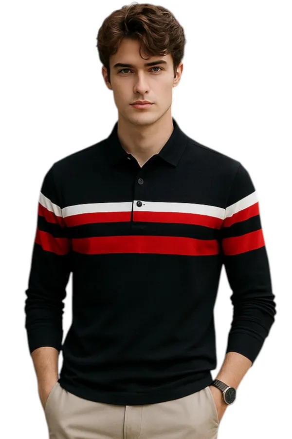 Black_Polo_Collar_Full_Sleeve_Cotton-Polyester_Blend_T-Shirt_For_Men
