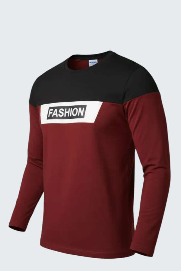 Maroon_Printed_Round_Neck_Full_Sleeve_Cotton-Polyester_Blend_T-Shirt_For_Men