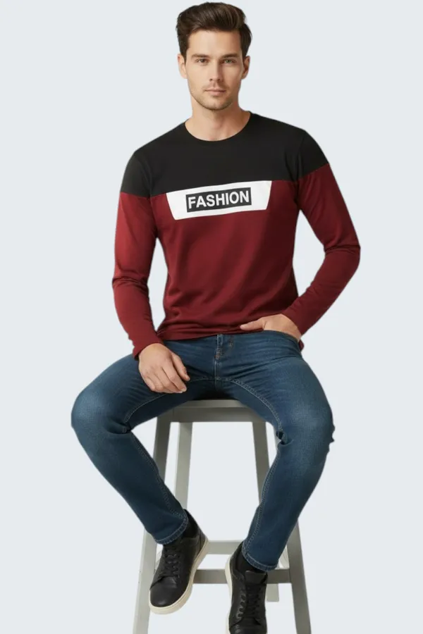 Maroon_Printed_Round_Neck_Full_Sleeve_Cotton-Polyester_Blend_T-Shirt_For_Men