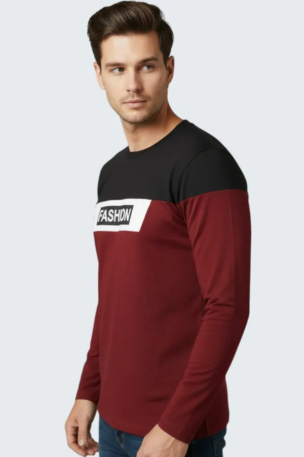 Maroon_Printed_Round_Neck_Full_Sleeve_Cotton-Polyester_Blend_T-Shirt_For_Men