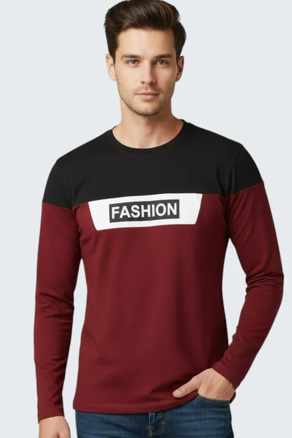 Maroon_Printed_Round_Neck_Full_Sleeve_Cotton-Polyester_Blend_T-Shirt_For_Men