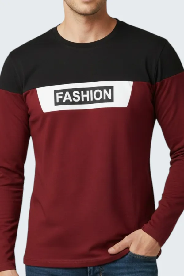 Maroon_Printed_Round_Neck_Full_Sleeve_Cotton-Polyester_Blend_T-Shirt_For_Men